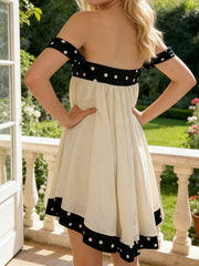 Polka Dots Trim Choker Off Shoulder Strap Bubble Mini Dress