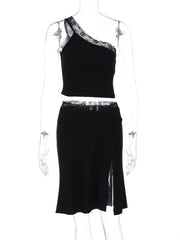 Lace Off-Shoulder Top And High Slit Midi Skirt Set