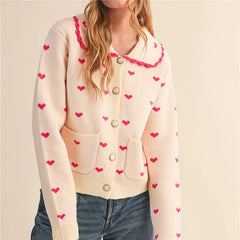 Heart Print Doll Collared Knitted Cardigan