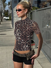 Leopard Print Turtleneck Short Sleeve Tee