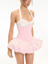 Pink Halter Neck Belted Strap Puff Hem Corset Mini Dress