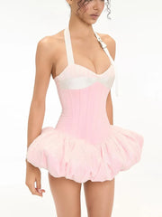 Pink Halter Neck Belted Strap Puff Hem Corset Mini Dress