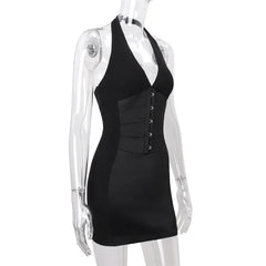 V-Neck Black Pu Hook Mini Dress