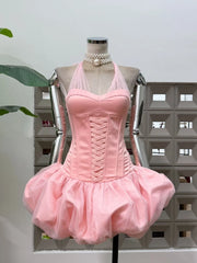 Halter Neck Mesh Patchwork Puff Mini Dress