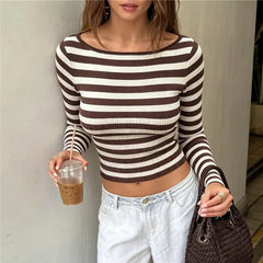 Striped Ribbed Boat Neck Long Sleeve Top