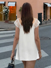 Lace Trim Patchwork Satin Square Neck Mini Dress