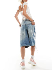 Trendy Loose Fit Denim Capri Shorts - White Side Stripes