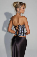 Sequins Scarf Collar Lace Up Corset Top And Satin Maxi Skirt