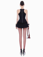 Sleeveless Metal Buckle Mesh Folds Mini Dress