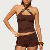 Brown Cross Strap Beaded Crop Top and Drawstring Shorts Set