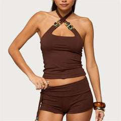 Brown Cross Strap Beaded Crop Top and Drawstring Shorts Set