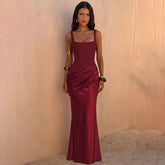 Square Neck Sleeveless Satin Waist Ruched Mermaid Maxi Dress