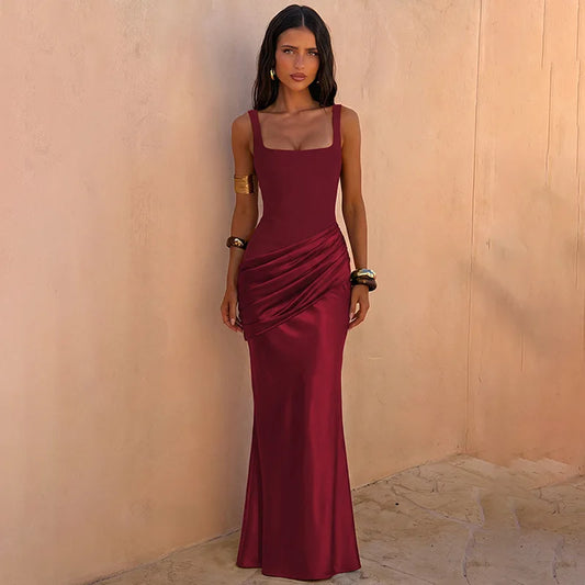 Square Neck Sleeveless Satin Waist Ruched Mermaid Maxi Dress