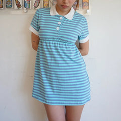 Blue Striped Babydoll Short Sleeve Mini Dress