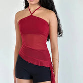 Asymmetric Hem Mesh Halter Tank Top