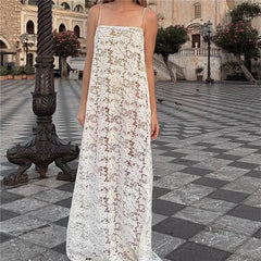 Spaghetti Strap Sheer Lace Maxi Dress