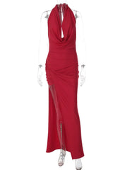Halter Deep Cowl Neck Split Maxi Dress