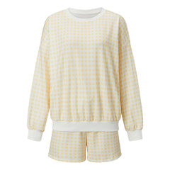 Gingham Long Sleeve Crew Neck Sweatshirt And Drawstring Shorts Set