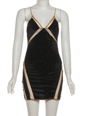 See Through Patchwork Low Neck Sleeveless Mini Dress