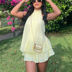 Halter Neck Open Back Ruffle Waist Mini Dress