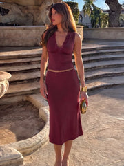 Lace Trim V-neck Tank Top And Midi Skirt Set