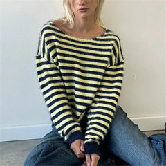 Striped Fuzzy Knit Off Shoulder Boat Neck Sweater