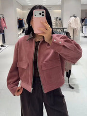 Pink Corduroy Turn-Down Collar Zipper Jacket