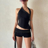 Asymmetrical Halter Slant Neck Studded Top And Low Waist Shorts with Rivets Belt Set