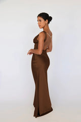 V-neck Satin Backless Pearl Chain Long Dress