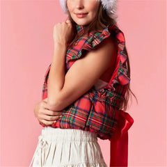 Red Plaid Ruffle Cap Sleeve Zip Cropped Puffer Vest