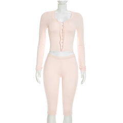 Lace Trim Button Front Cropped Top And Capri Pants Set