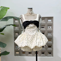 Polka Dot Bow Embellished Bubble Hem Mini Dress With Shorts