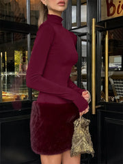 Red Turtleneck Long Sleeve Fur Patchwork Mini Dress