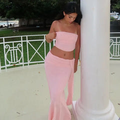 Pink Mesh Tube Top And Long Skirt Two Piece Set