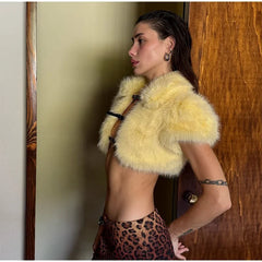 Cropped Faux Fur Lace Up Jacket