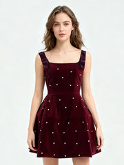 Velvet Pearl Bow Strap Flared Mini Dress