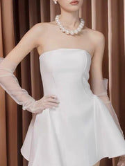 White Strapless Cape Mesh A-Line Folds Mini Dress