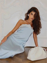 Satin Halter Lace Trim Maxi Dress