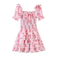 Pink Floral Print Smocked Layered Mini Dress
