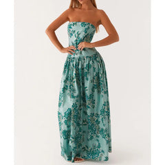 Strapless Dot/Floral Print Pleated Tube Long Dress