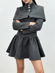 Grey Square Neck Long Sleeves Shawl Mini Dress