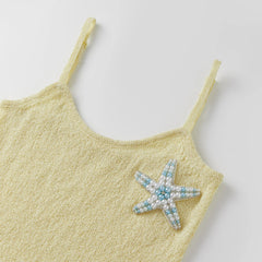 Yellow Knit Fringe Trim Mini Beaded Starfish Dress