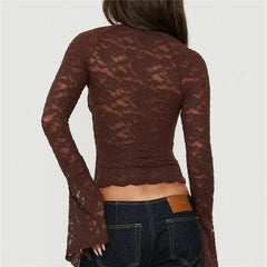 Lace Sheer Long Sleeve Cutout Neckline Blouse