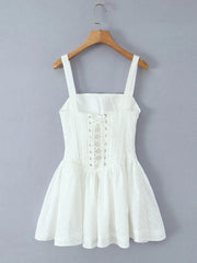 White Square Collar Sleeveless Bow Corset Puffy Short Dress