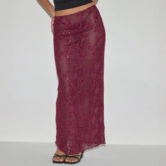 Red Sequin Sheer Maxi Skirt And Halter Crop Top Set