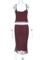 Brown Polka Dot Lace Trim Cami Top And Midi Skirt Set