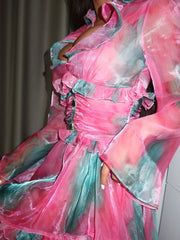 Printed Pink Long Sleeve Ruffles Edge Mini Dress