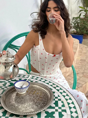 White Ribbed Rose Print Crop Corset And Midi Skirt Set