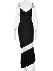Lace Trim Ruffle Mermaid Hem Cami Midi Dress