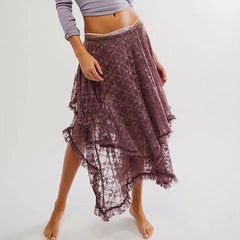 Lace Ruffle Sheer Asymmetrical Hemline Midi Skirt
